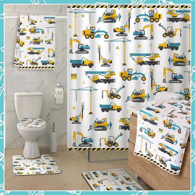 Nuanchu 6 Pcs Construction Shower Curtain Set with Rug Bathroom Sets with Shower Curtain Bath Mat U Shaped Mat Toilet Lid Cover 2 Bath Towels and 12 Hooks Excavator Tractor Bathroom Decor