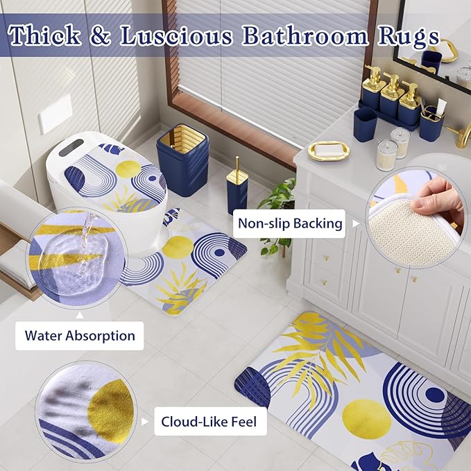 Bathroom Accessories Set - 27PC Bathroom Sets with Shower Curtain and Rugs, Blue Bathroom Set, Navy Blue Bathroom Accessory Set with Trash Can, Toilet Brush & 3 PC Soap Dispensers