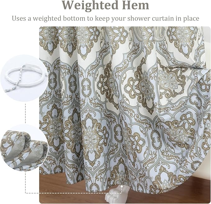 Beige Fabric Shower Curtain, Waterproof for Bathroom with Tan Printed Ombre Boho Paisley Damask Pattern, 72" W x 72" H