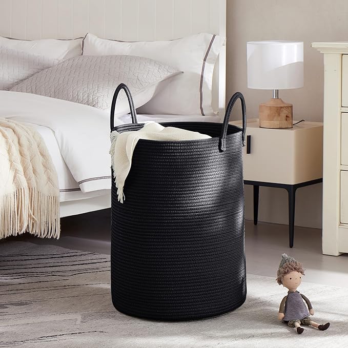 80L Black Woven Rope Hamper Laundry Basket for Clothes Tall Modern Blanket Storage Basket in Living Room Bedroom Extra Large 16"L x 16"W x 22"H