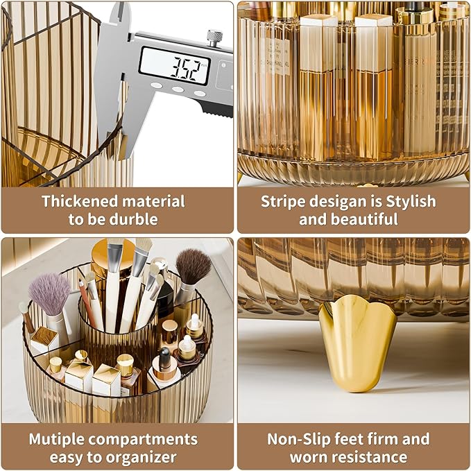 Clear Rotating Makeup Organizer Countertop for Vanity, 360?? Makeup Brush Holder Organizer with 5 Compartments, Transparent Cosmetic Storage for Lipstick, Skincare, Bathroom Counter (Transparent Amber)