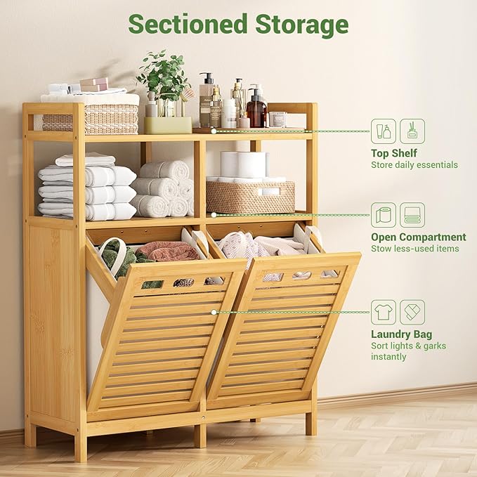 Homykic Tilt Out Laundry Hamper Cabinet, Bamboo Double Laundry Hamper with 2 Removable Laundry Baskets, 20 Gal Laundry Sorter Organizer with Shelf for Dirty Clothes, Bathroom, Laundry Room, Natural