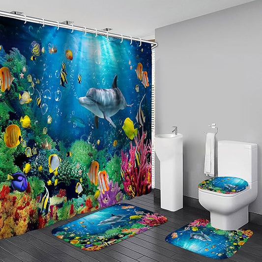 4Pcs Deep Blue Fish Shower Curtain Sets with Rugs, Dolphin Coral Ocean Theme Bathroom Decor Sets Complete, Home and Hotel Bathroom Accessories, juego de baño, 12 PCS Hooks, 71 x 71 in