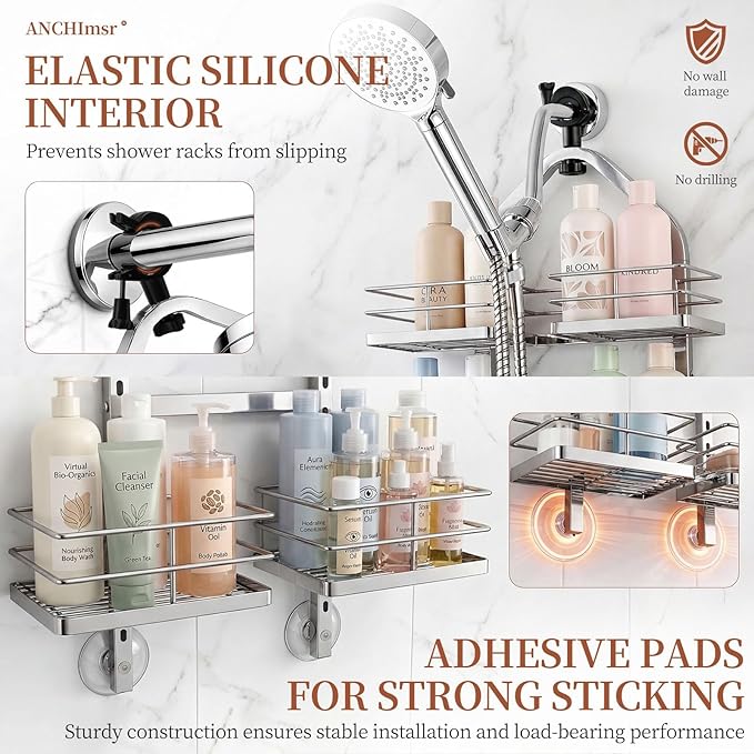 Adjustable Hanging Shower Caddy for Handheld Showerhead, 3-Tier Rustproof Shower Rack Baskets, Anti-Swing Hanging Shower Organizer for Bathroom Storage with 2 S-Hooks, Large Capacity, Silver