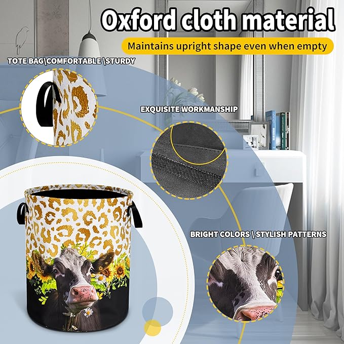 Cow Laundry Basket Sunflower Leopard Print foldable Oxford Cloth Funny Tote Bag Laundry Hamper Clothes Storage Bucket Toy Organizer For Bathroom/Laundry Storage/Bedroom 18.9x16.5 Inch