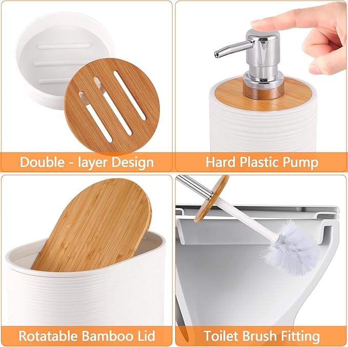 White Bathroom Set, 25 PCS Bathroom Accessories Set with Shower Curtains, Rugs, Trash Can, Toothbrush Holder, Soap Dispensers, Toothbrush Cup, Vanity Tray, Soap Dish, Toilet Brush, Qtip Holders
