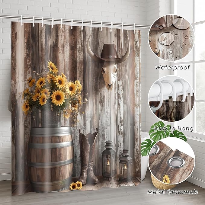 Western Cowboy Floral Shower Curtain Set with Toilet Lid Cover and Non-Slip Rugs, Farmhouse Barn Door Country 4 Pcs Shower Curtain with 12 Hooks, Rustic Bathroom Set with Rugs and Accessories