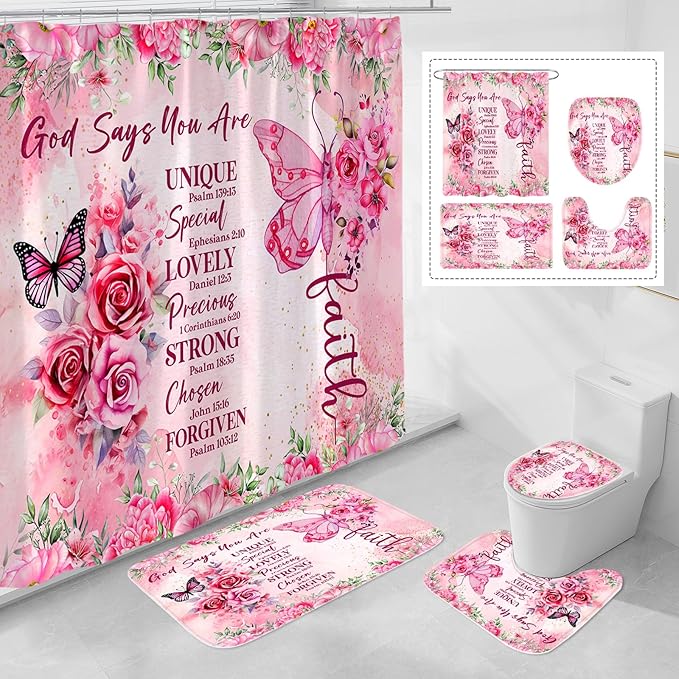 Litabel 4 Pcs Pink Butterfly Inspirational Quotes Shower Curtain Set with Rugs and Toilet Lid Cover, Colorful Boho Waterproof Fabric Bathroom Set, Bible Verse Floral Bathroom Decor Set Accessories