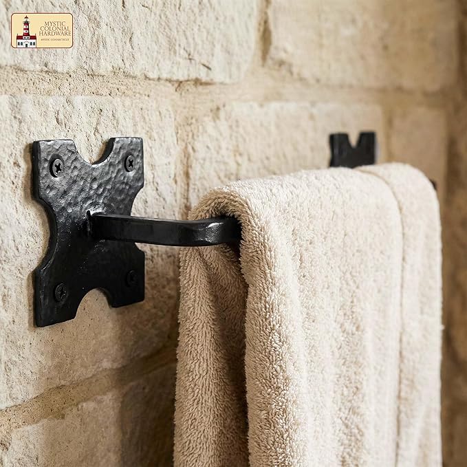 Mystic Colonial Cast Iron Towel Bar Rustic Wall Mounted Metal Rack for Bathroom, Kitchen, or Entryway � Black Heavy-Duty Towel Holder (15"", Rustic Wall Mounted)
