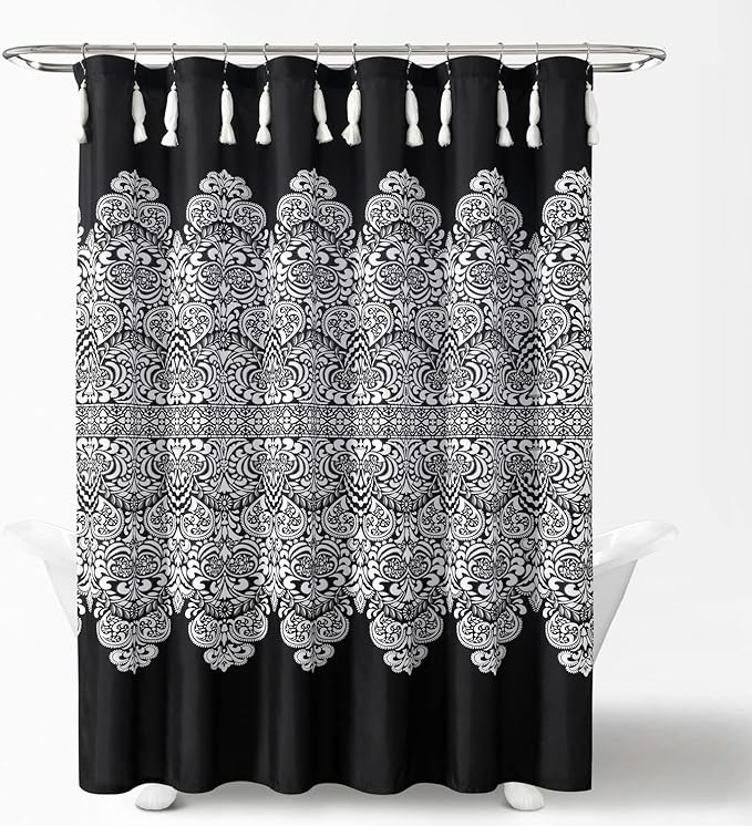 Lush Decor Boho Medallion Shower Curtain Single 72" W x 72" L Black - Boho Shower Curtains for Bathroom Decor - Black Bathroom Curtain