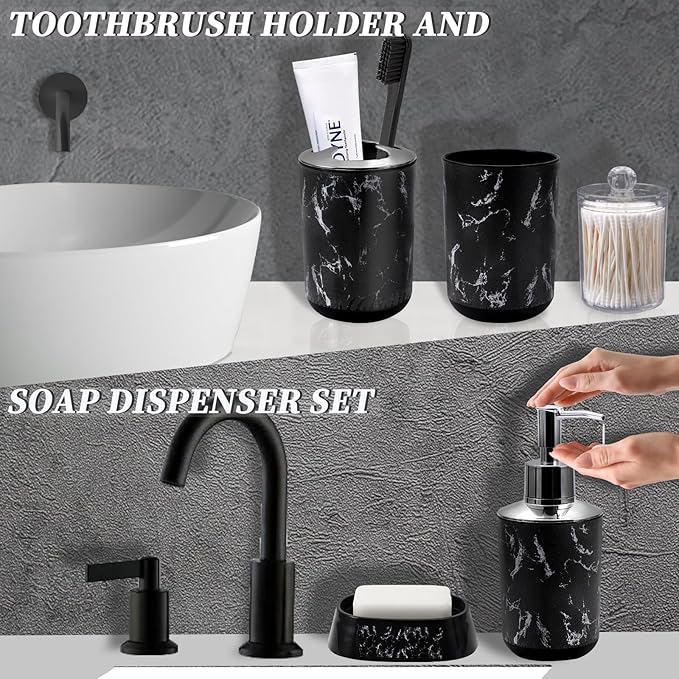 XLHOMO Black Marble Bathroom Accessories Set, Black Bathroom Set with Trash Can, Vanity Tray, Soap Dispenser, Soap Dish, Toothbrush Holder, Toothbrush Cup, Toilet Brush and Qtip Holders for Bathroom