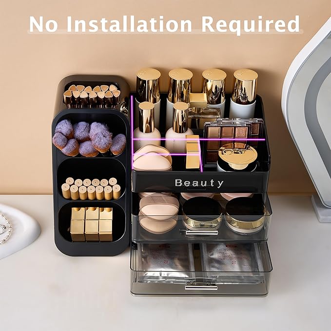 Makeup Organizer for Vanity with Brush Holder, Countertop Makeup organizer with Drawers for Skincare, Cosmetics, Perfumes, Eyeshadow Palettes, Spacious Cosmetic storage organizer