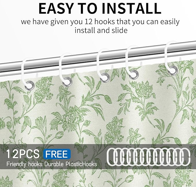Seorsok Green Shower Curtain,Sage Cotton Floral Cottagecore,Elegant Floral Fabric Shower Curtain Machine Washable Waterproof Bathroom Decor 72'Wx72'L inches,Beige Green