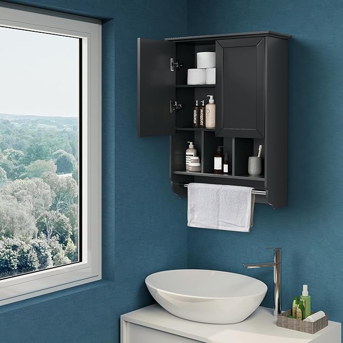 VANIRROR Bathroom Wall Cabinet with Towel Bar,Wooden Medicine Cabinet Adjustable Shelves,23x32 Inch Kitchen Cabinet,Over Toilet Storage Cabinet for Bathroom,Kitchen,Laundry