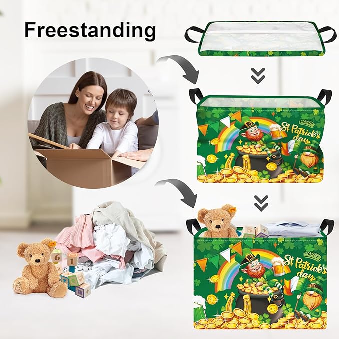 Clastyle Saint Patrick's Day Storage Basket Four Leaf Clover Clothes Book Toy Shelf Basket Kid Room Decor Gift Storage Bin Organizer,Leprechaun,40x30x30 cm