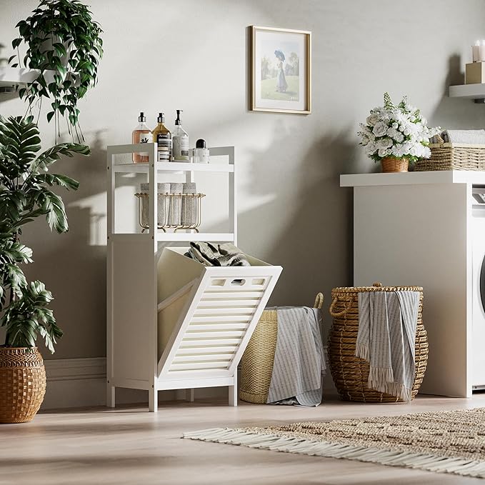 HITNET Bamboo Tilt Out Hamper, 10 Gal Bathroom Laundry Cabinet with Hidden Foldable Basket, Freestanding Clothes Storage Organizer with Storage Shelf, White