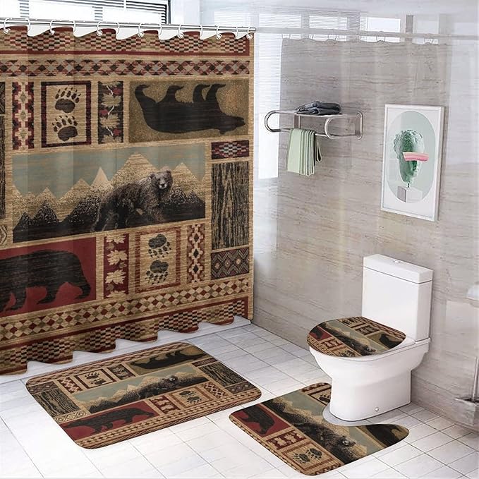Rustic Cabin Bear Shower Curtain Sets with Rugs 4 Piece Accessories Bathroom Curtains Shower Set Include Shower Curtain Non-Slip Rug Toilet Lid Cover Bath Mat One Size