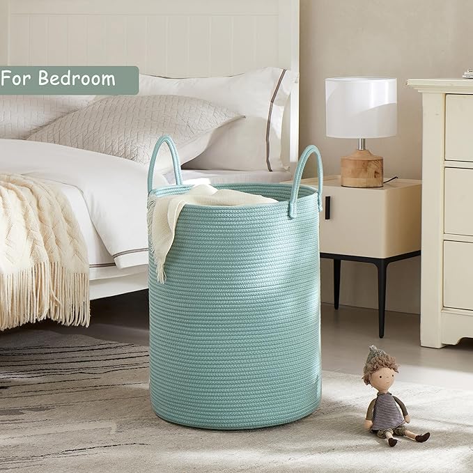 15Dx20H inches Tall Green Hamper Cotton Rope Laundry Basket Woven Hamper for Clothes Blanket Storage in Bedroom Livng Room for Baby Nursery Kids Toys Organize 62L Capacity
