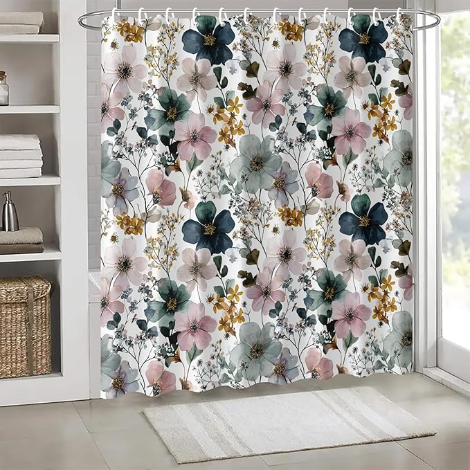 Watercolor Floral Shower Curtain 72x72 Inch Elegant Hand Painted Flower Print Bathroom Curtain Fabric for Vintage or Modern Decor