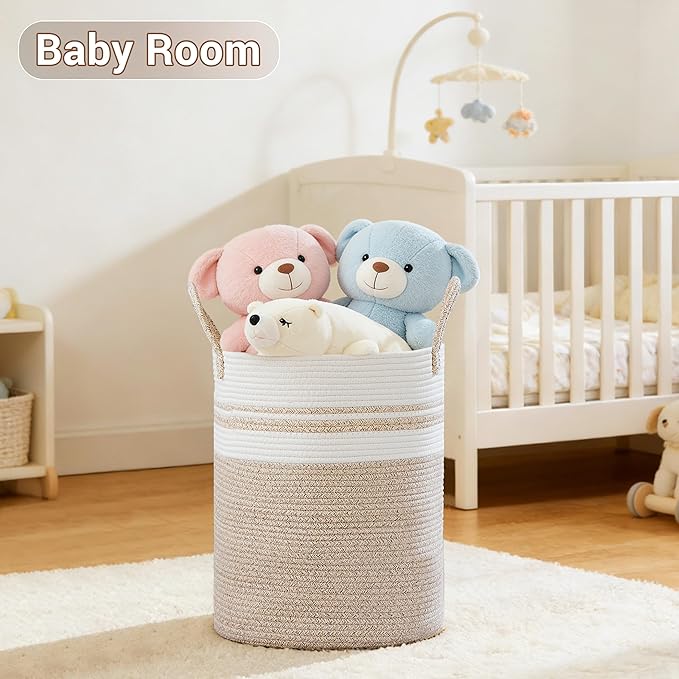Tall Laundry Basket with Handles, 88L Portable Dirty Clothes Hamper, Boho Cotton Rope Storage Bin for Blankets Kids Toys Gifts, Large Organizer for Baby Nursery Bedroom Bathroom, New Brown