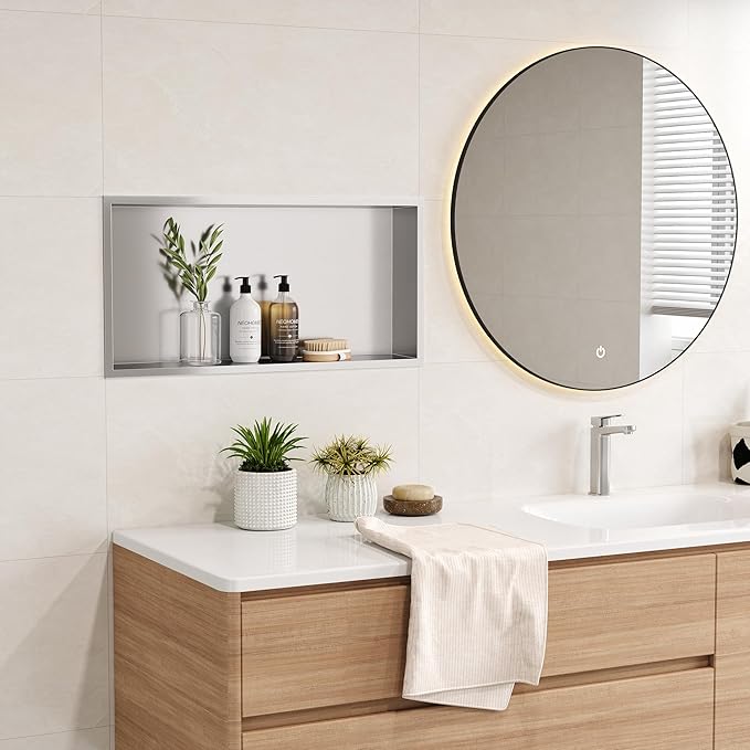 Neodrain Shower Niche, Insert Bathroom Storage Shower Shelf, Stainless Steel Recessed Wall Niche No Tiled Recessed Cabinet Waterproof for Shower Storage(Brushed,24"x12")