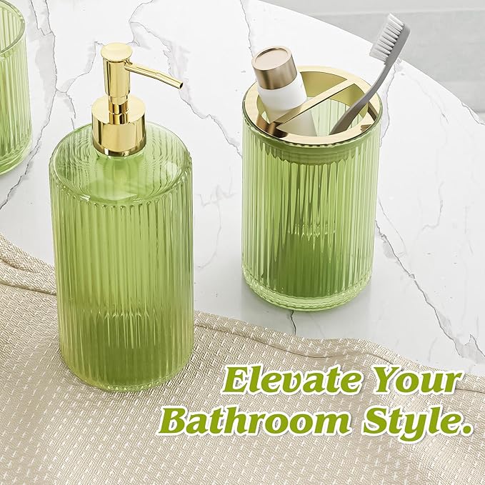 Green Bathroom Accessories Set 8 Pcs, Trash Can with Bags, Glass Bathroom Set Include Soap Dispenser, Toothbrush Holder, Tumbler, Qtip Holder Set, Vintage Bathroom Sink Set, Cute Bathroom Decor