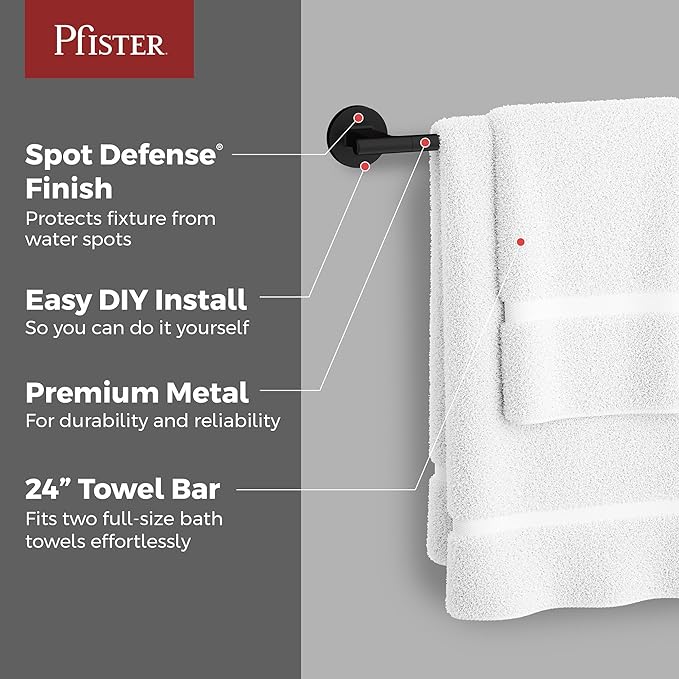 Pfister Capistrano Bath Towel Bar for Bathroom, 24-Inch, Wall-Mounted, Screw-in, Matte Black Finish, BTBCSO2B