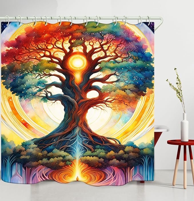 Shower Curtains, with The Theme of The Tree of Life and Bright Colors, Brings A Unique Artistic Atmosphere to The Bathroom. 72x79 Inch Fabric Shower Curtain Comes with 12 Hooks.