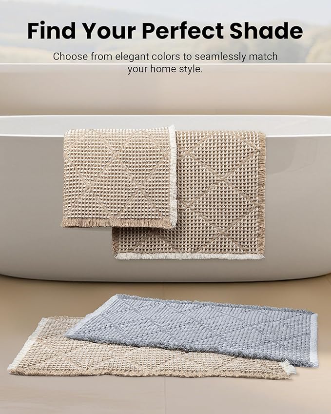 Waffle Bath Mat Set, Non Slip Bathroom Rugs Sets 2 Piece, Ultra Absorbent Long Bath Rug Runner for Bathroom Decor, Machine Washable Boho Mats, Grey & White, 20"×47" Plus 18"×30"