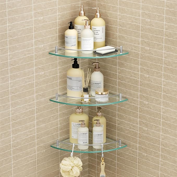 KES Glass Corner Shelf with Hooks 18/8 Stainless Steel, Tempered Glass Bathroom Corner Shelf with Rail, Shower Glass Shelf 3 Pack Wall Mounted, Brushed Finish, BGS2101A-2-P3