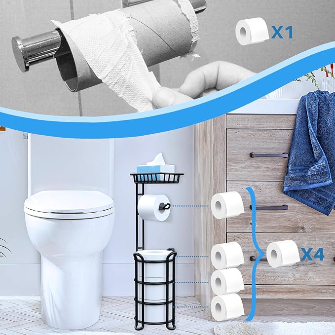 Toilet Paper Holder Stand with Shelf, Free Standing Tissue Roll Storage Rack with Dispenser for Bathroom, Black