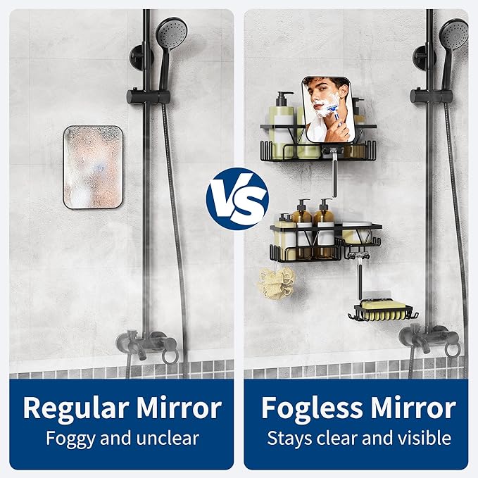KEGII 4 Pack Adhesive Shower Caddy with Fogless Shower Mirror, Shower Organizer with Soap Holder, Razor Holder & Hooks, No-Drill Rustproof Bathroom Storgae Rack, Black