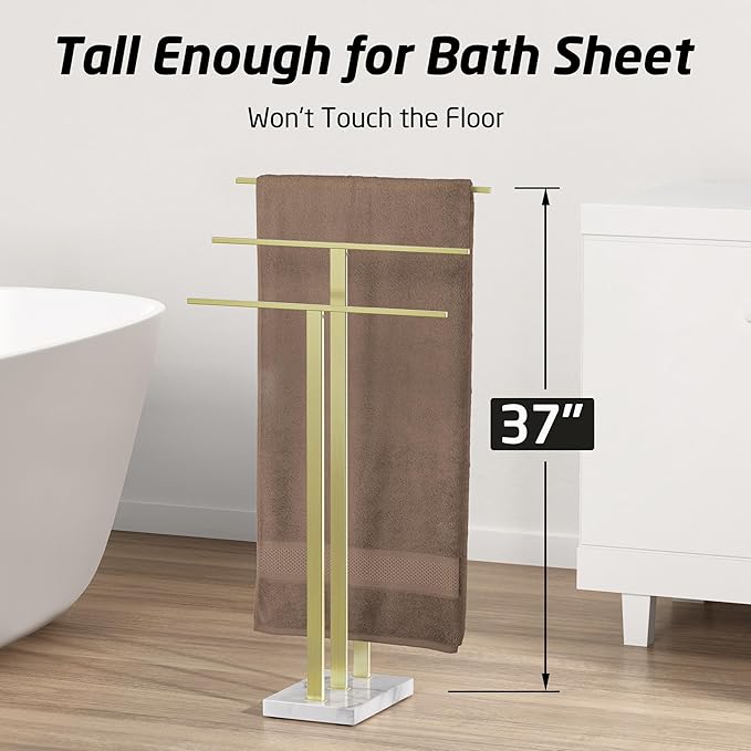 KES Standing Towel Rack 3-Tier with Marble Base, Brushed Gold Towel Rack Stand for Bathroom Floor, Fits Large Bath Towel & Hand Towel, 18/8 Stainless Steel, BTH217S3-BZ