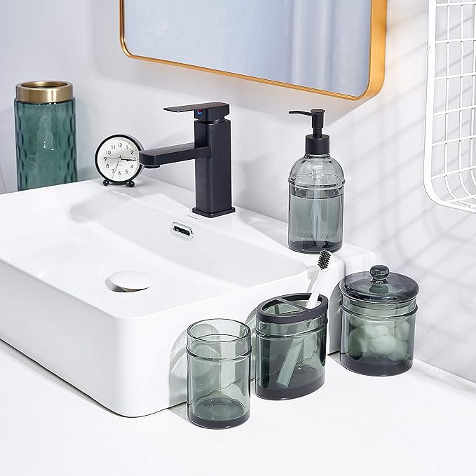 4-Piece Bathroom Accessories Set, Dark Smoke Gray Plastic Dispenser Set with Soap Pump, Toothbrush Holder, Cotton Swab Jar, and Tumbler for Modern Vanity Countertop Decor
