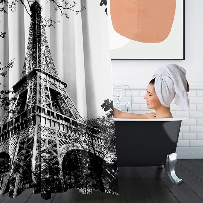 Britimes 4 Piece Shower Curtain Sets, with 12 Hooks, Eiffel Tower Paris Iron Black with Non-Slip Rugs, Toilet Lid Cover and Bath Mat, for Bathroom Decor Set, 72" x 72"
