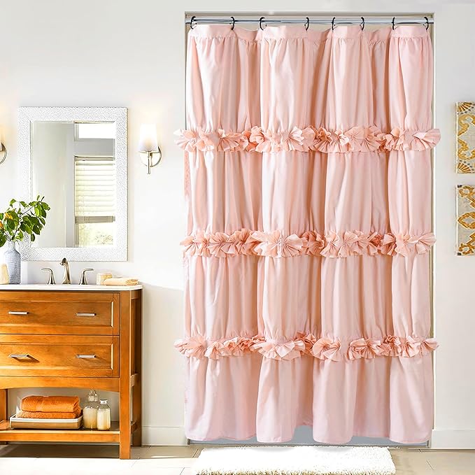 Peach Pink Ruffle Shower Curtain, Vintage Handcrafted Bow Tie Bath Curtain for Master Bathroom, Ruched Microfiber Bathroom Curtain with 8 Buttonholes, 48" W x 72" H (LQ-10)
