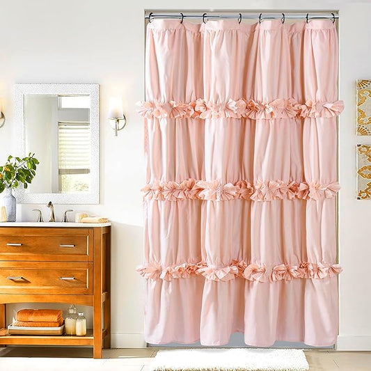 Peach Pink Ruffle Shower Curtain, Vintage Handcrafted Bow Tie Bath Curtain for Master Bathroom, Ruched Microfiber Bathroom Curtain with 8 Buttonholes, 48" W x 72" H (LQ-10)