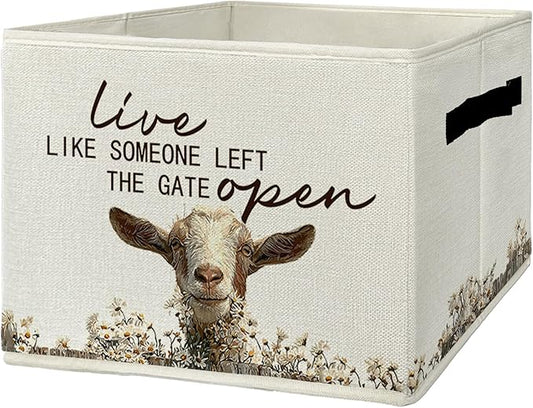 Rustic Goat Storage Bins & Boxes with Handles, Farmhouse Goat Foldable Basket for Organizing, Live Like Someone Left the Gate Open Collapsible Storage Basket for Bedroom Bathroom Clothes Toys