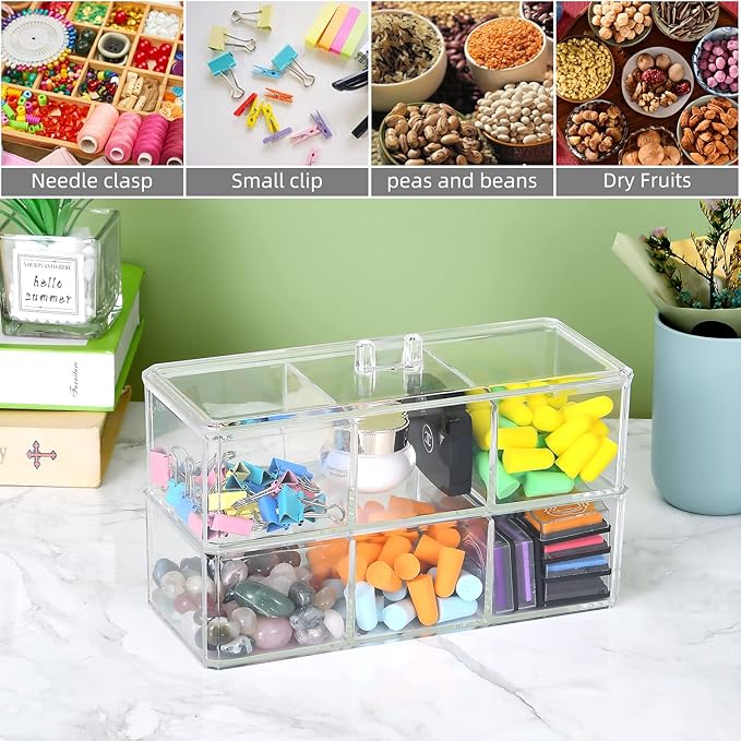 dedoot 3 Compartment Organizer 2 Layers,Plastic Drawer Clear Acrylic Vanity Desk Storage and Organizer, Bathroom Display Storage Container with Lid for Jewelry, Small Items 9.17x3.7X5.82 Inch