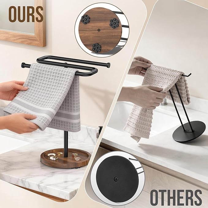 Aetyord Adjustable Hand Towel Holder Stand for Bathroom Countertop, S-Shaped Stainless Steel Towel Rack with Wood Base Strong and Suction Cups, Free Standing Hand Towel Tree for Kitchen Vanity