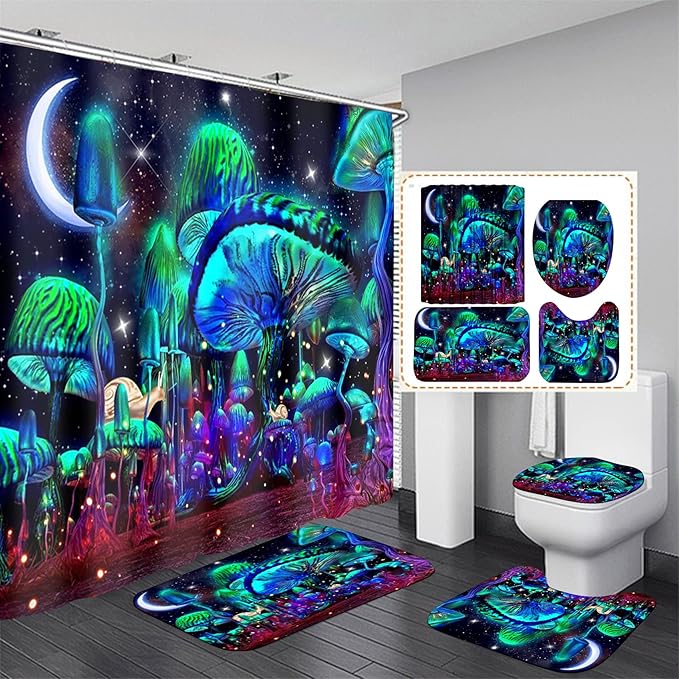 jieprom 4PCS Mushroom Bathroom Shower Curtain Set with Rugs, Toilet Lid Cover and Bath Mat, Moon and Stars with 12 Hooks, Durable Bathroom Decor Set
