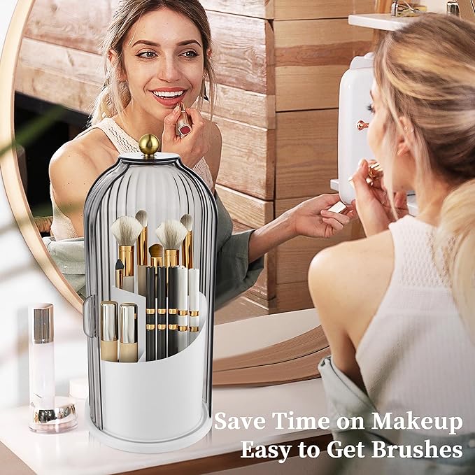 Makeup Brush Holder Organizer, 360 Rotating Makeup Brush Holder, Dustproof Waterproof Material & with 3 Compartments for Organized Storage, Dressing Tables Clear Storage Skincare Cosmetic (Grey)
