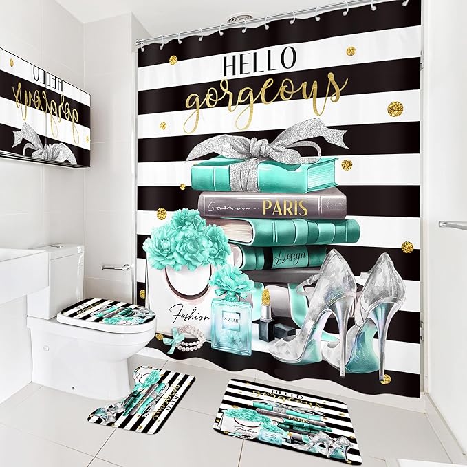 Cinbloo 4Pcs Black and Teal Shower Curtain Set,Modern High Heels Striped Magazine Book Bathroom Curtain with Rug, Toilet Lid Cover, Bath Mat,Floral Flower Perfume Shower Curtain with 12 Hooks