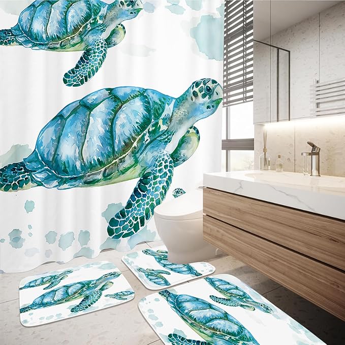 Beach Nautical Sea Turtle Bathroom Sets with Ocean Family Coral Shower Curtain and 20 x 31 Rugs Bathroom Accessories Sets Decor with Bath Rug, Bath Mat, U-Shaped Contour and Hooks 72 x 72 Inch Blue