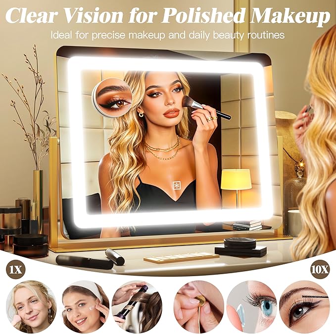 17" x22" Vanity Mirror with Light, LED Makeup Mirror with Lights, 10X Magnification Mirror Makeup with 360°Rotation, 3 Color Modes ＆ Dimmable, Light up Makeup Mirror for Vanity Desk, Travel, Gold