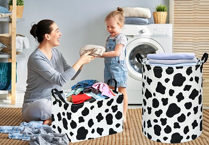 KUNRO Round Laundry Gift Basket Storage Hamper, Clothes Storage Organizer Bins, Shelf Basket with Handles for Room Decor (Rould Cow pattern)