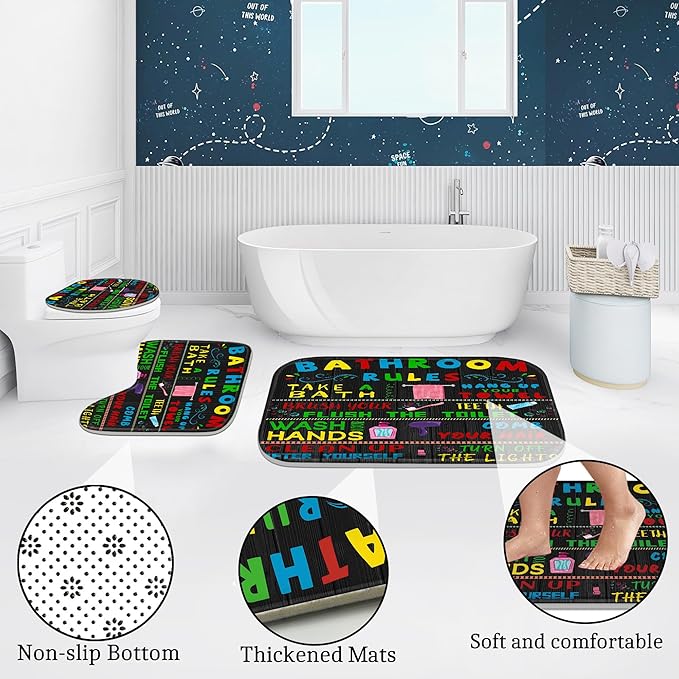 Poedist 4 Pcs Bathroom Shower Curtain Set,Kid's Bathroom Set, Space Shower Curtain Sets with Rugs(Bath Mat,U Shape and Toilet Lid Cover Mat) and 12 Hooks-06