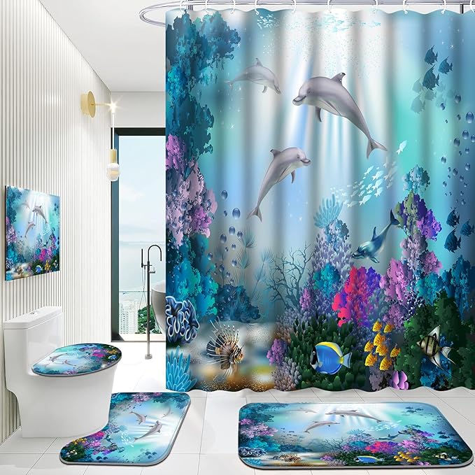 Ocean Dolphin Shower Curtain Set with 12 Hooks, Underwater World Themed Bathroom Decor, Water Resistant Fabric Bath Curtain 4 Piece Set