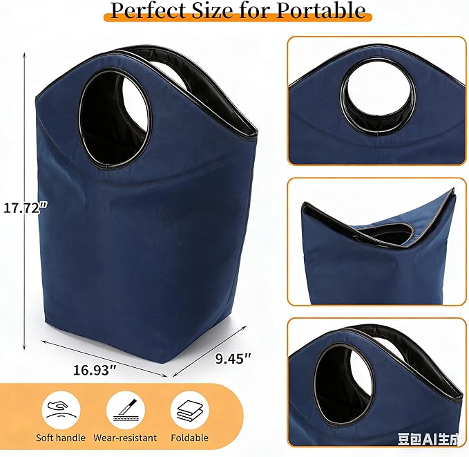 Foldable Storage Hamper Bag with Soft Padded Handle, 18x17x9.5inch Multi-Purpose Oxford Fabric Laundry Basket, Collapsible Storage Bag for Home, Bedroom, Dormitory, Travel & Outdoor