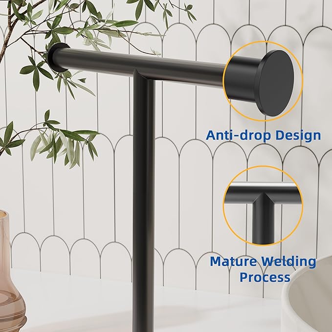 RUACQ T-Shape Hand Towel Holder Stand, Weighted Base Towel Rack, 12" Countertop Towel Holder for Bathroom, 304 Stainless Steel, Heavy Duty (Matte Black, 2 Pack)